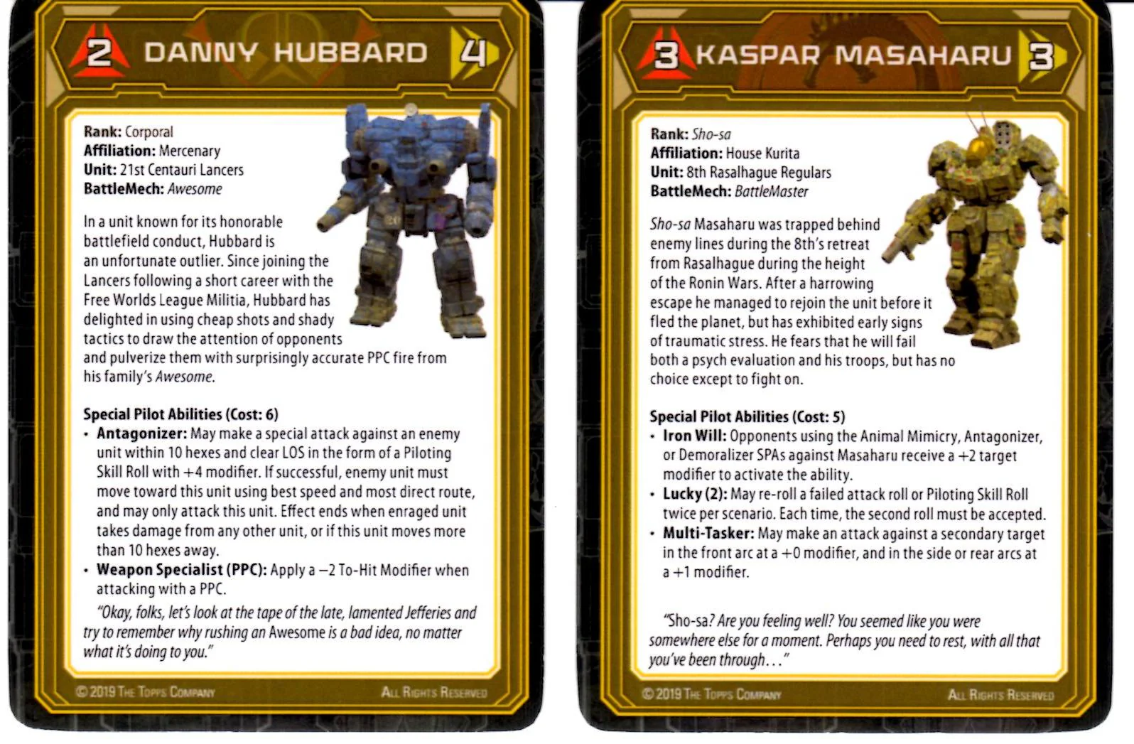 Battletech: Set of 2 Pilot Cards - Kaspar Masaharu and Danny Hubbard